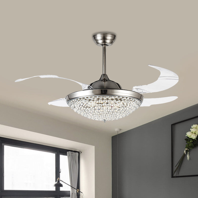 19" W Domed Semi Flush Mount Lamp Minimalist Crystal Encrusted LED Nickel Ceiling Fan Light, 4 Blades