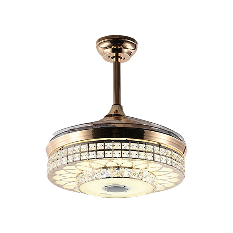 LED Parlor Hangende ventilator Licht Modern Gold 4 Blades Semi Flush Light met ronde gefacetteerde kristalschaduw, 19 "W