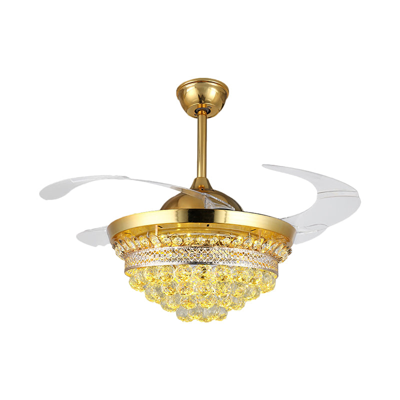 4 Blades Simple Conic Pendant Fan Lamp Crystal Ball LED Parlor Semi Flush Light Fixture in Gold, 19" Width