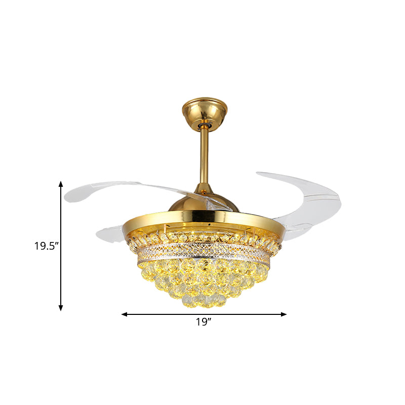 4 Blades Simple Conic Pendant Fan Lamp Crystal Ball LED Parlor Semi Flush Light Fixture in Gold, 19" Width