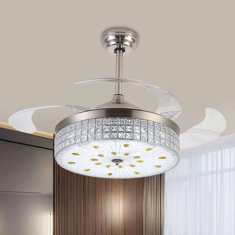 Frosted Glass Drum Semi Mount Lighting Modernist 19" W LED Pendant Fan Light with Crystal Deco in Chrome, 4-Blade