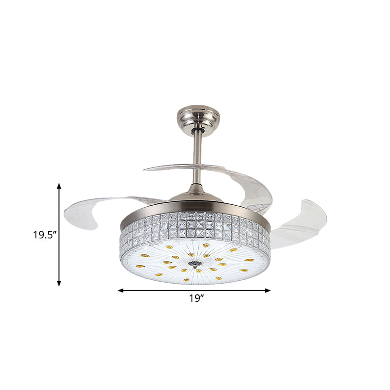 Frosted Glass Drum Semi Mount Lighting Modernist 19" W LED Pendant Fan Light with Crystal Deco in Chrome, 4-Blade