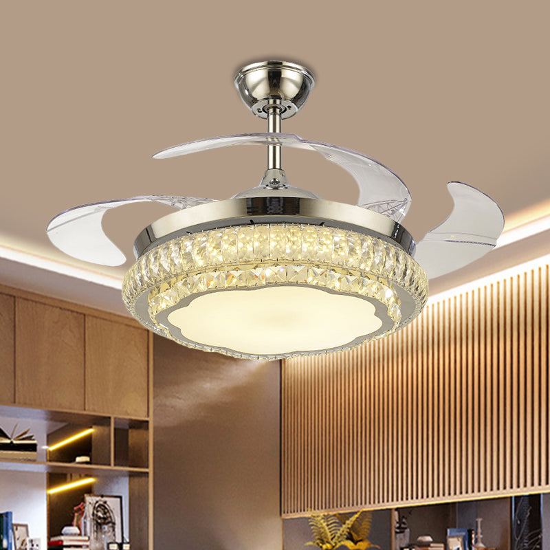 Crystal Block Round Ceiling Fan Lamp Simple 19" W LED Gold Semi Mount Lighting with Star/Floral Design, 4 Blades