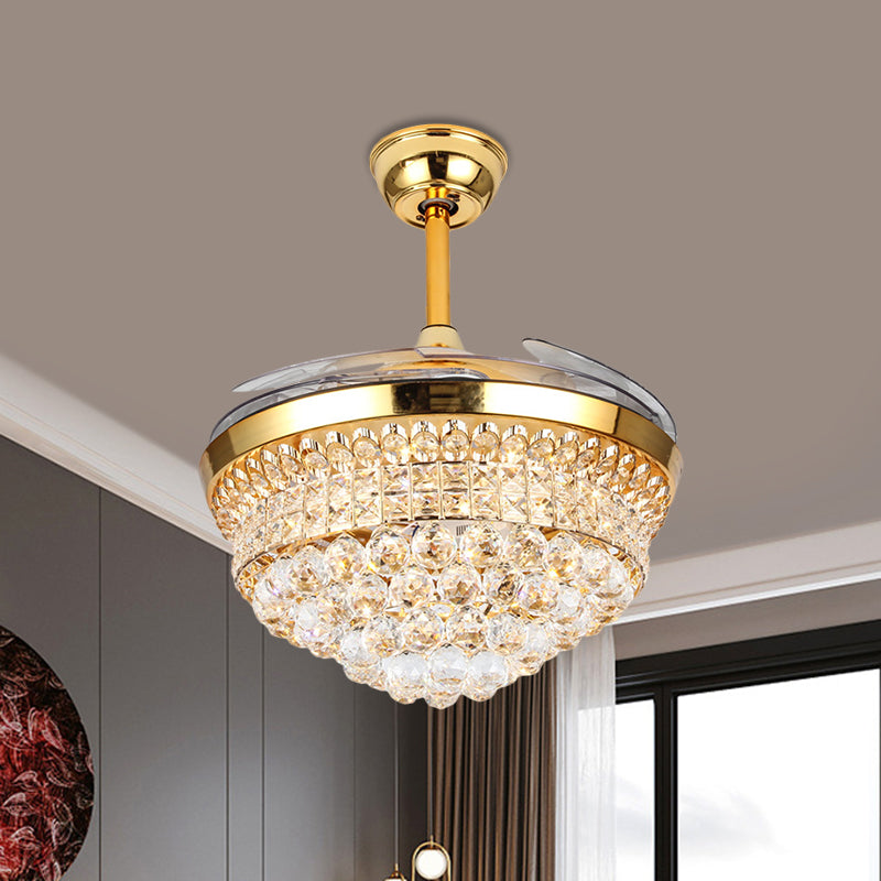 Tapered Beveled Crystal Semi Flush Lamp Minimalist 19" Width LED Gold Hanging Fan Light with 4 Blades