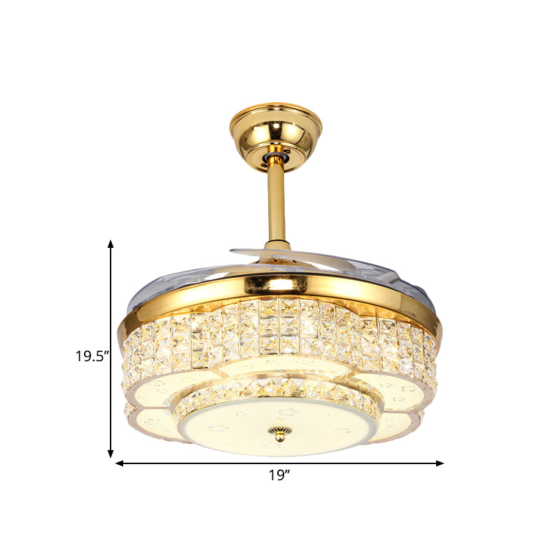 Flower Drawing Room Pendant Fan Lighting Faceted Crystal LED Modernism Semi Flush Light in Gold with 4-Blade, 19" W