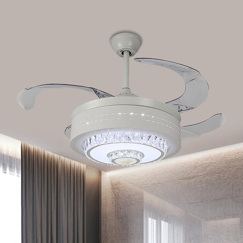 Circular Semi Flush Lighting Modern Metal 19" W LED Parlor Ceiling Fan Light Fixture in White, 4-Blade