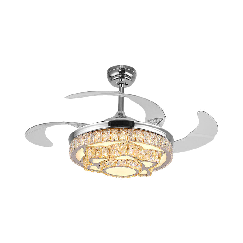 Simple Lotus Hanging Fan Lamp Crystal Block 19" Wide LED Bedroom Semi Flush Light in Gold/Chrome with 4 Blades