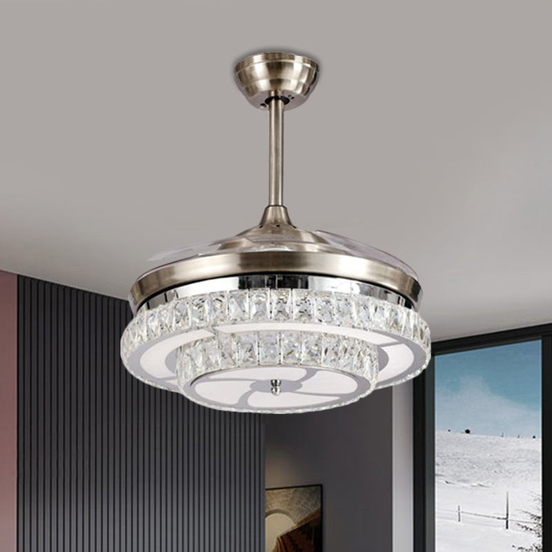 Crystal Block Circle Semi Mount Lighting Modernism LED Hanging Fan Light in Chrome with 4-Blade, 19" Wide