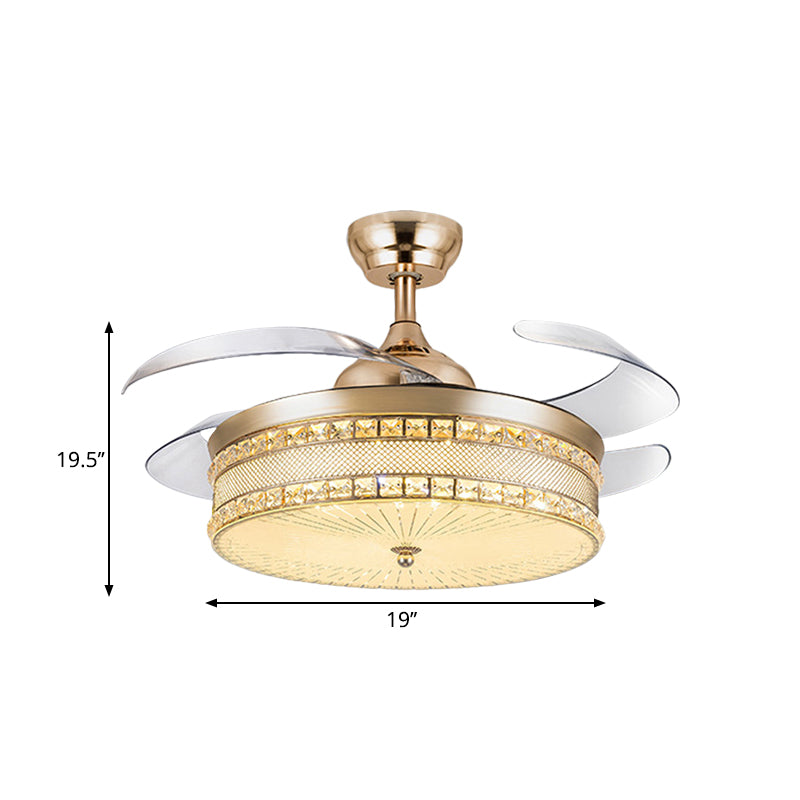 Faceted Crystal Drum Pendant Fan Light Modernist 19" Width LED Gold Semi Flush Lamp with 4 Blades