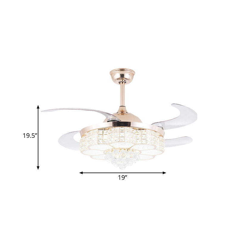 4 lames Gold LED Floral Semi Flush Symple Crystal Block Pendant Pendante Ventillage, 19 "Largeur