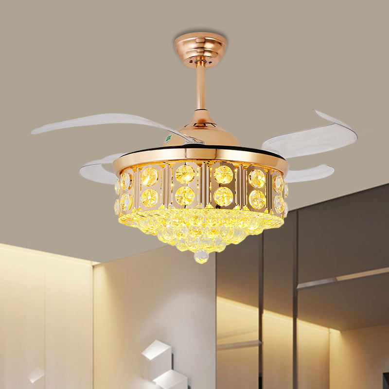 19 "W Moderne LED-plafondventilator Licht Gold Conical Semi Flush Mount met gefacetteerde kristalschaduw, 4-blade