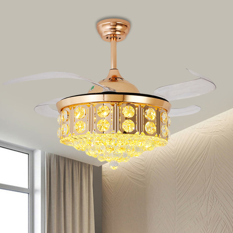 19 "W Moderne LED-plafondventilator Licht Gold Conical Semi Flush Mount met gefacetteerde kristalschaduw, 4-blade