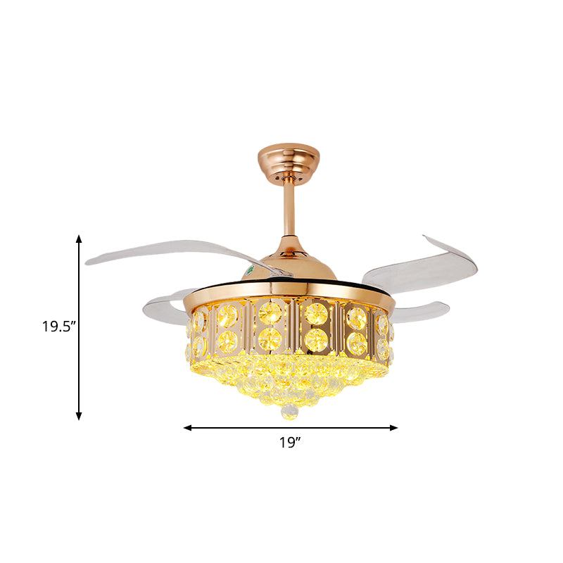 19" W Modern LED Ceiling Fan Light Gold Conical Semi Flush Mount with Faceted Crystal Shade, 4-Blade