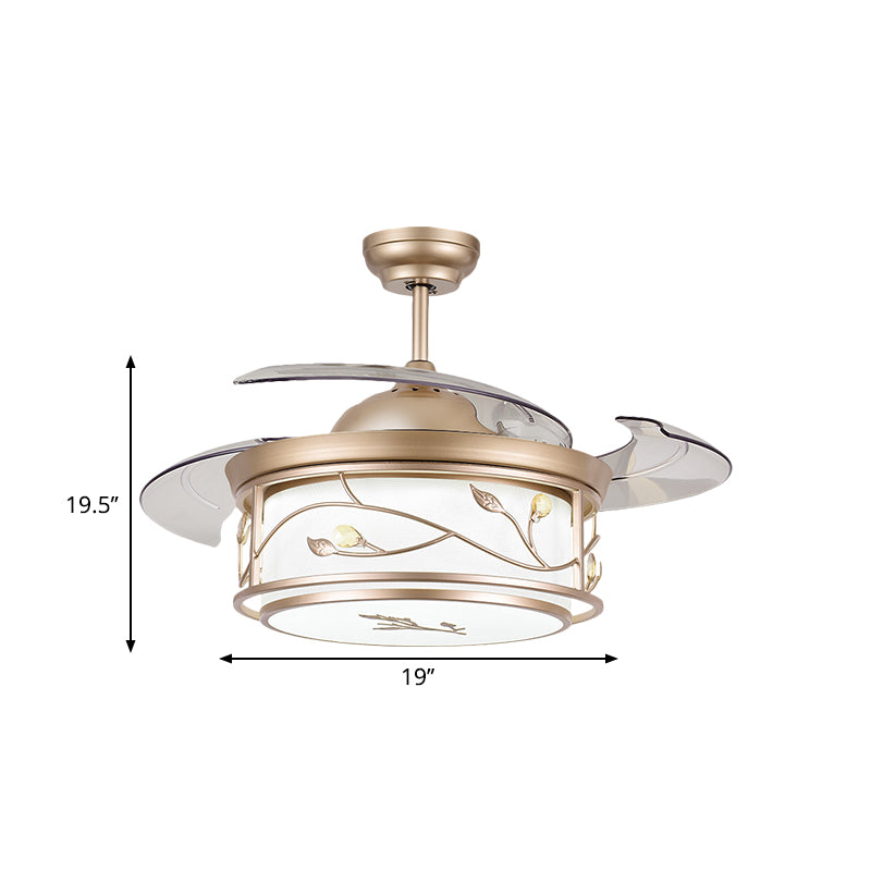 Trommel acryl semi -flush mount lamp eigentijds 19 "W led gouden plafondventilator verlichtingsarmatuur met wijnstokontwerp, 4 messen