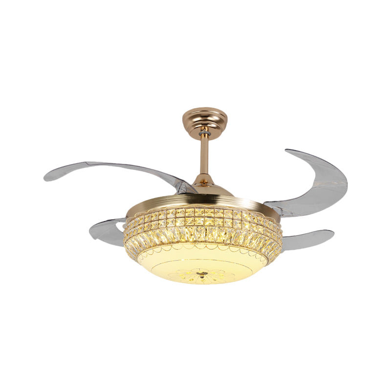 19" W Dome Living Room Hanging Fan Light Acrylic LED Minimalist Semi Flush with Crystal Deco in Gold, 4 Blades