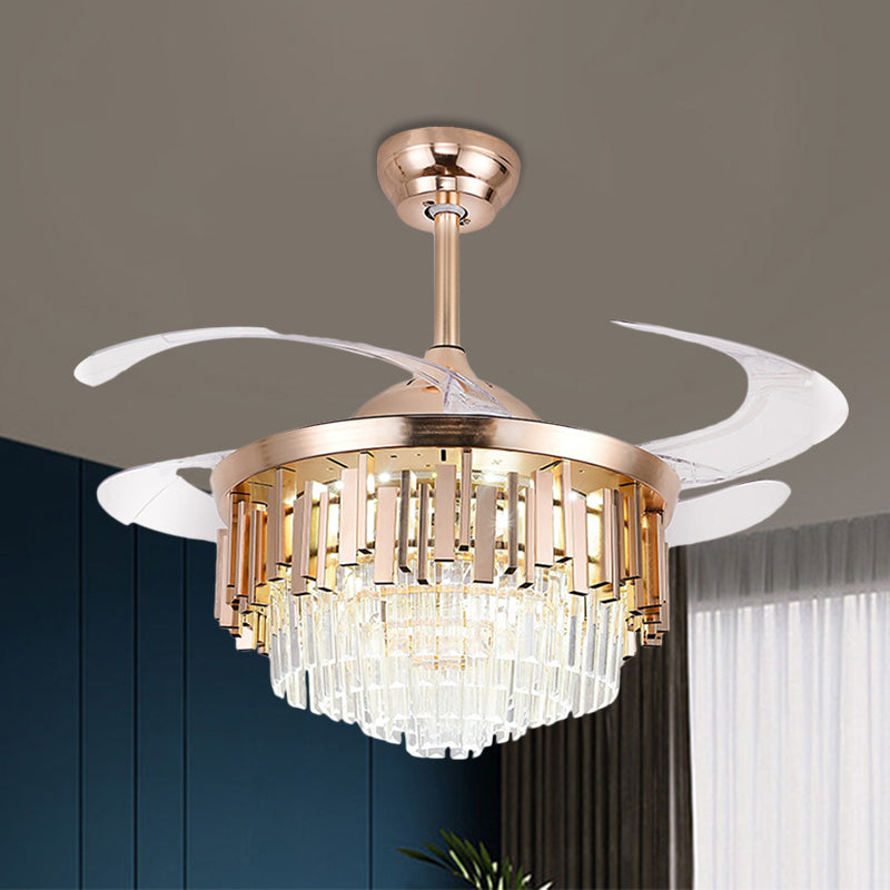 Gelaagde 4-blade semi-spoelmontage Licht eenvoudig kristal rechthoek 19 "W LED Parlor Pendant ventilatorverlichting in goud