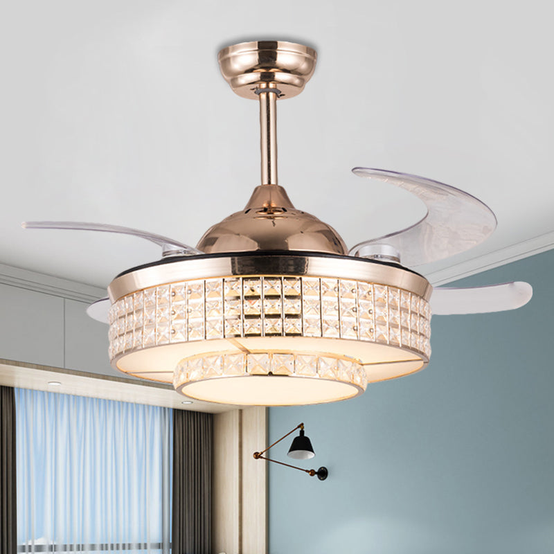 Acrylic Round Semi Mount Lighting Modernist 19" Wide LED Ceiling Fan Light with Crystal Deco in Rose Gold, 4-Blade