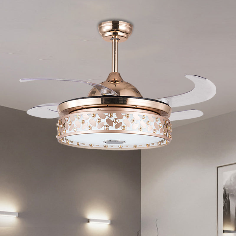 Copper LED Circular Semi Flush Lamp Simplicity Acrylic 4-Blade Hanging Fan Light with Crystal Deco, 19" Wide