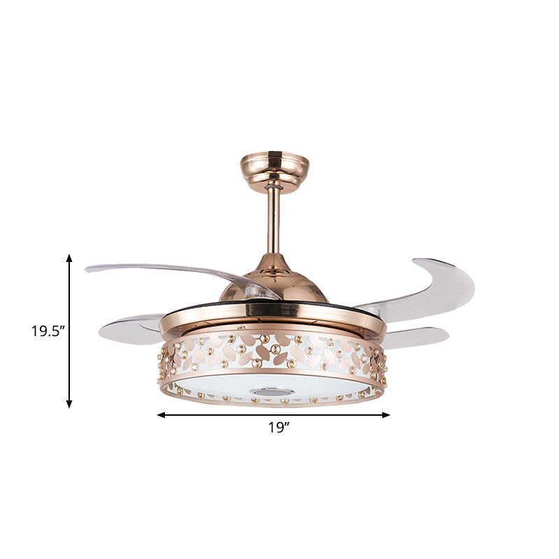 Copper LED Circular Semi Flush Lamp Simplicity Acrylic 4-Blade Hanging Fan Light with Crystal Deco, 19" Wide