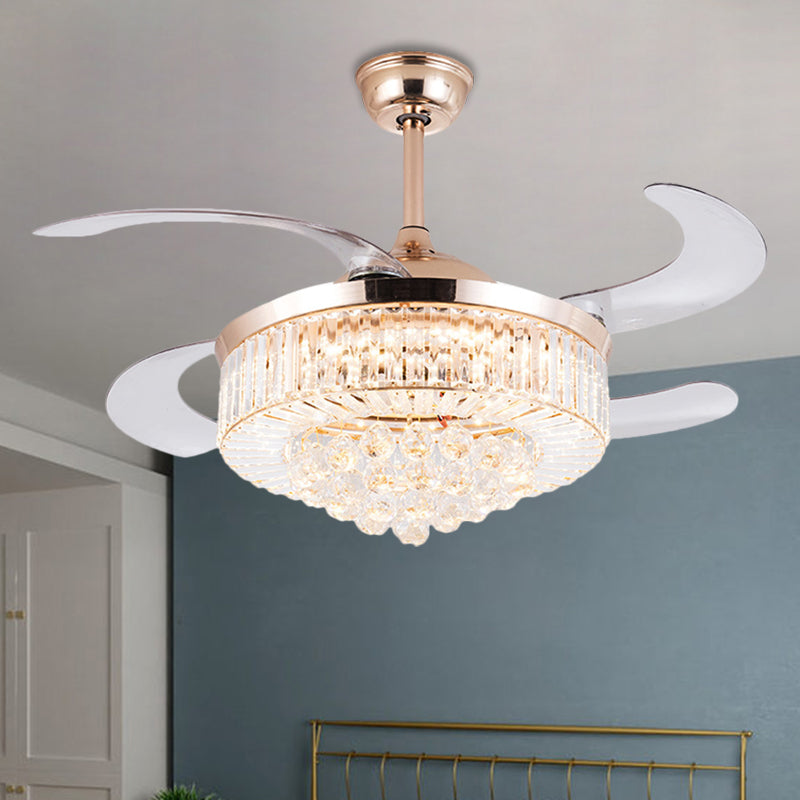 Drum Clear Crystal Semi Flush Mount Minimalist 19" Width LED Gold Pendant Fan Light with 4 Blades