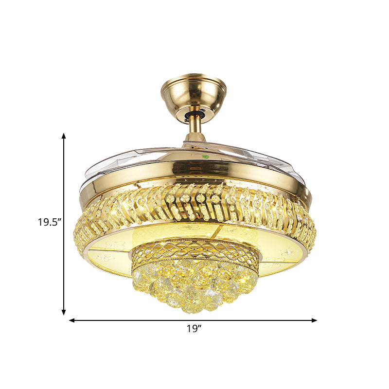 Circular Great Room Ceiling Fan Light Faceted Crystal 19" W LED Simple Semi Flush Lamp in Gold, 4-Blade