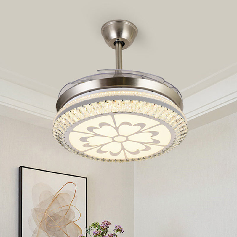 Circle Semi Flush Light Modern Crystal 19 "W LED Chrome plafondventilatorverlichting met liefdevol hart/bloemontwerp, 4 messen