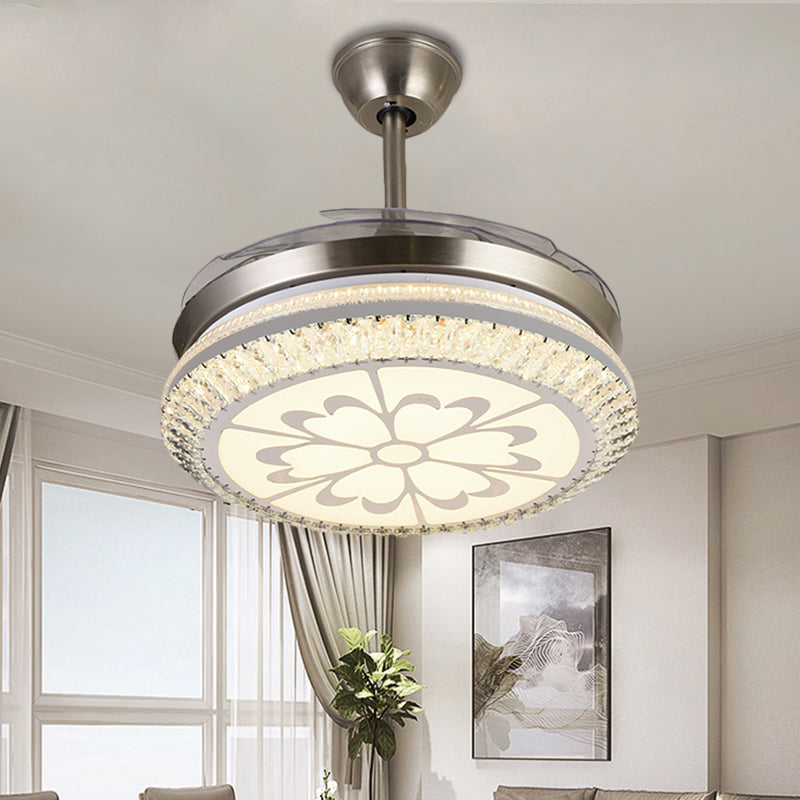 Circle Semi Flush Light Modern Crystal 19 "W LED Chrome plafondventilatorverlichting met liefdevol hart/bloemontwerp, 4 messen