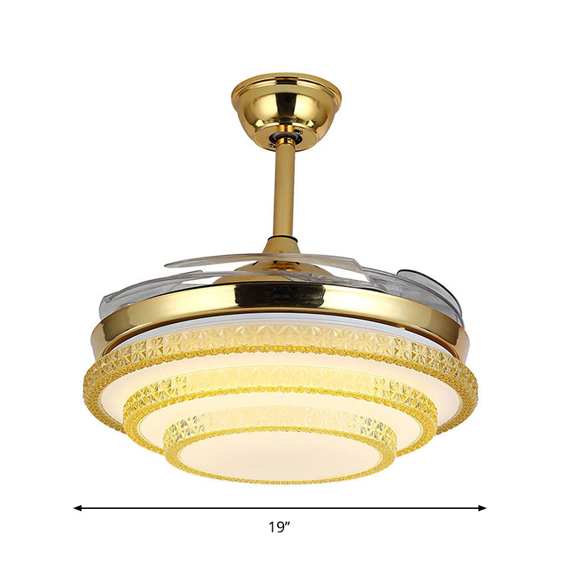 3-laags grote kamer plafondventilator lamp handgesneden kristallen led eigentijds semi-flush licht in goud met 4 messen, 19 "w