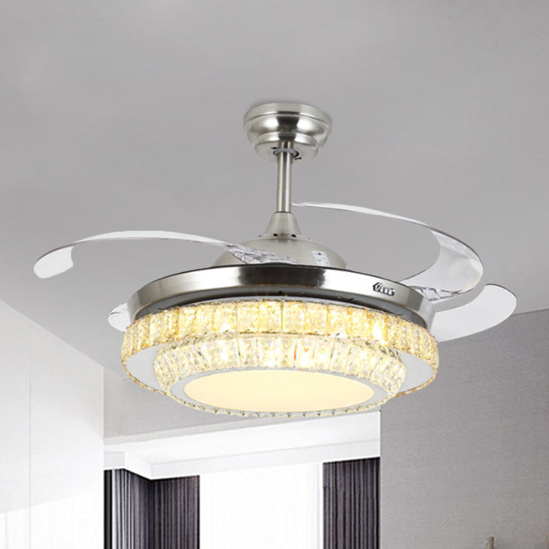 Modernisme 3-Tier Round Semi Flush Crystal Block LED Parlor plafondventilator Licht in nikkel met 4-blade, 19 "breed