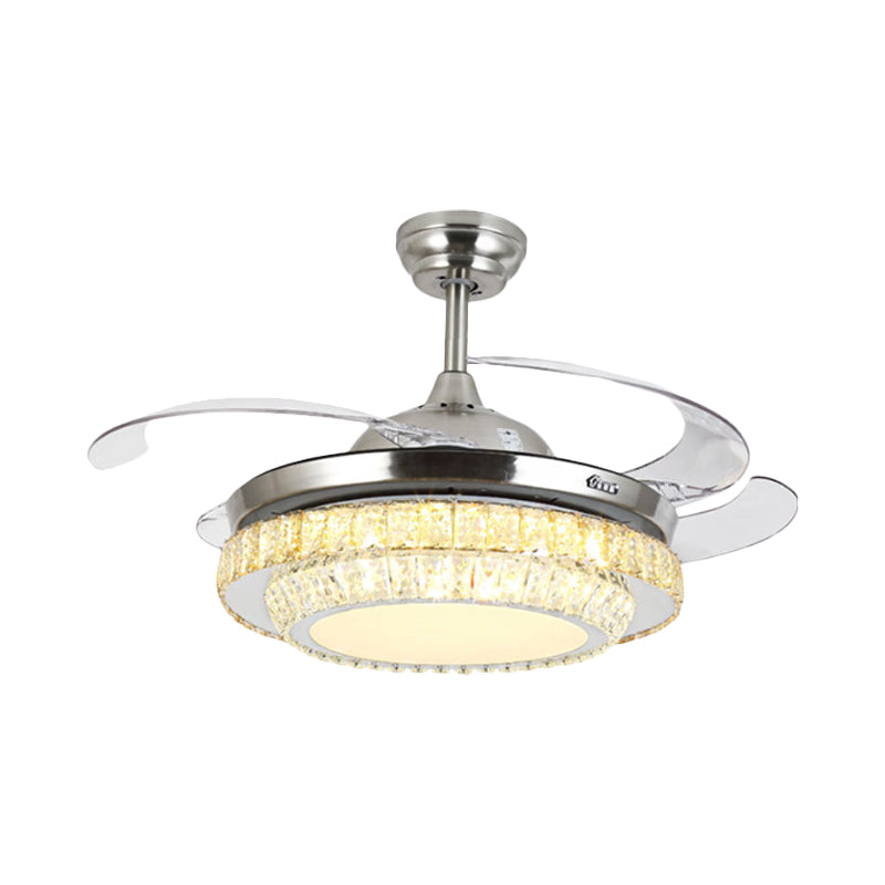 Modernisme 3-Tier Round Semi Flush Crystal Block LED Parlor plafondventilator Licht in nikkel met 4-blade, 19 "breed