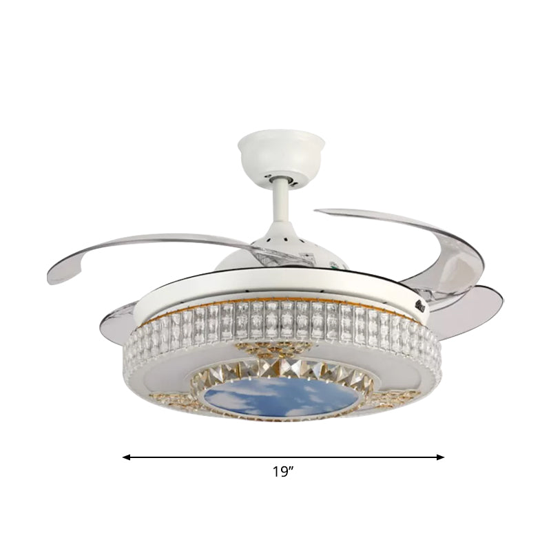 Eenvoudige LED-hangende ventilatorlamp Witte cirkel 4-blade semi-spoellamp met kristalschaduw, 19 "breedte