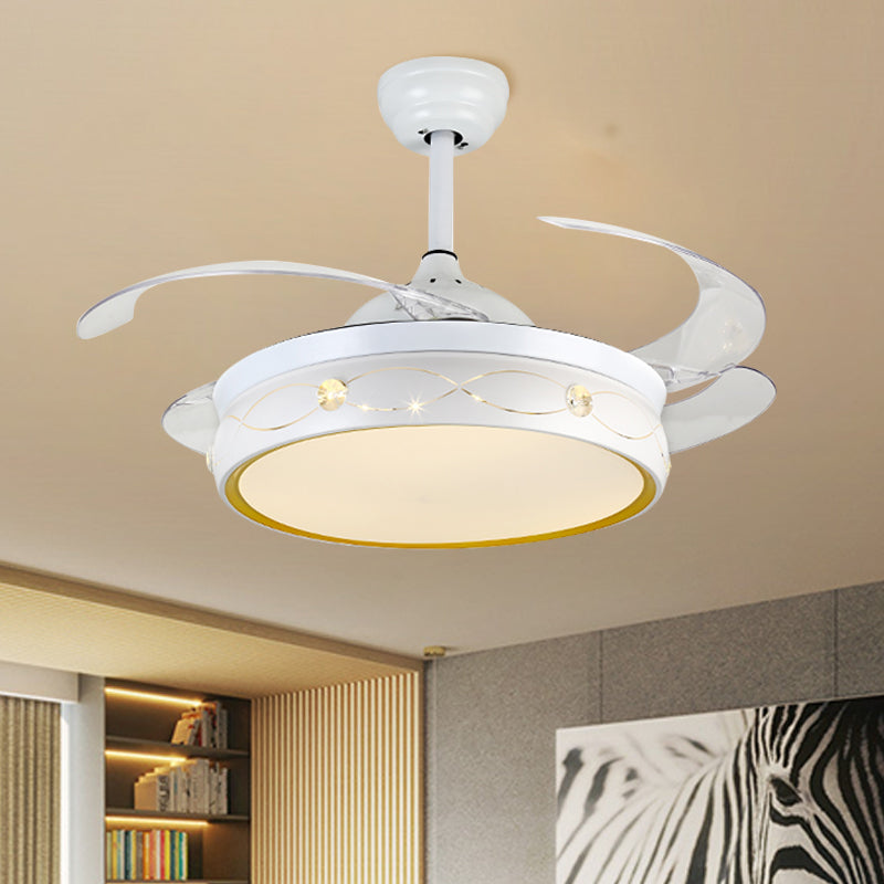 White LED Circular Ceiling Fan Lamp Simplicity Metal Semi Flush Mount with Crystal Deco with 4-Blade, 19" W