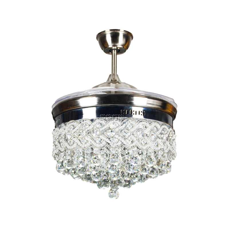 Crystal Orbs Tapered Semi Flush Light Modernism LED Silver Ceiling Fan Lamp with 4-Blade, 16" Wide