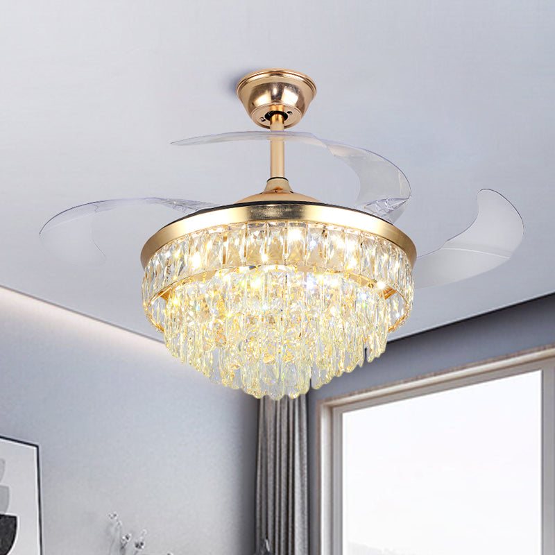 Éclairage de ventilateur de plafond en cascading Simple Crystal Rectangle Grande Salle 19 "W LED Semi Flush in Gold avec 4 lames