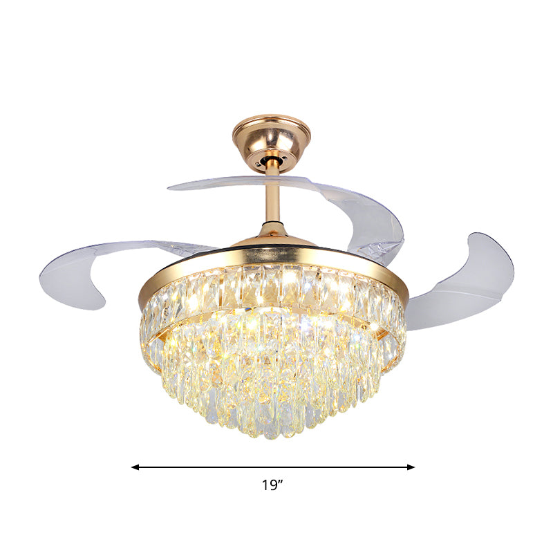 Cascading Ceiling Fan Lighting Simple Crystal Rectangle Great Room 19" W LED Semi Flush in Gold with 4-Blade