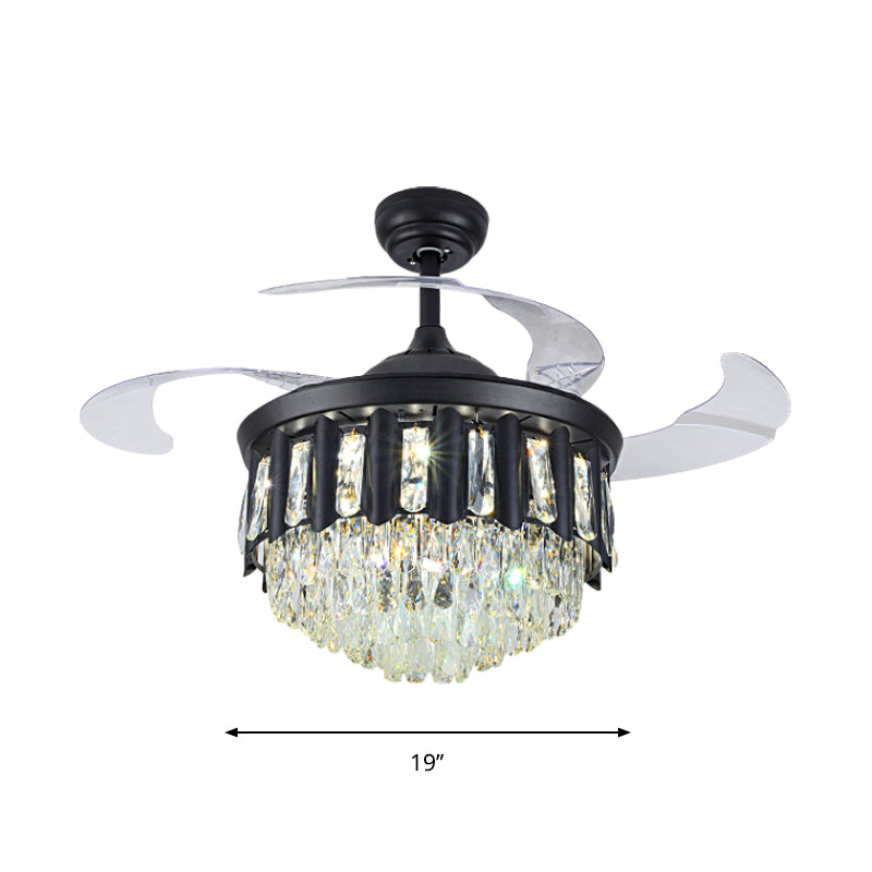 19" W Modern Tapered Semi Flush Mount Hand-Cut Crystal LED Parlor Pendant Fan Light in Black with 4 Blades