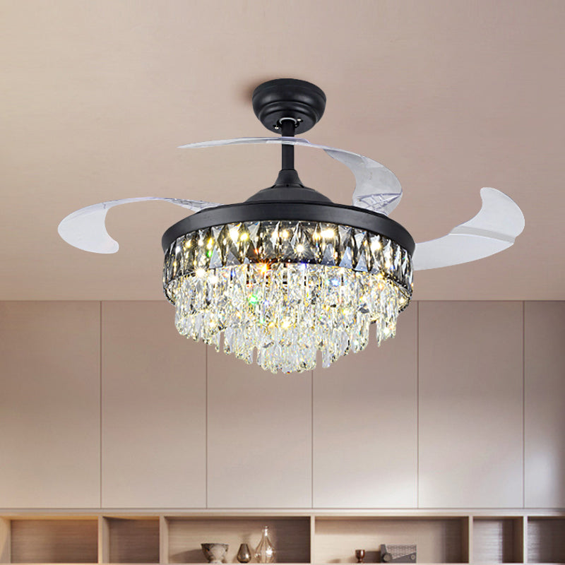 19" W Modern Tapered Semi Flush Mount Hand-Cut Crystal LED Parlor Pendant Fan Light in Black with 4 Blades