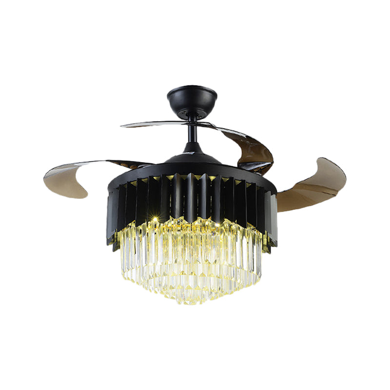 4 Blades Modernisme Led hanger ventilatorlamp Zwart gelaagde semi -flush mount licht met kristalprisma's schaduw, 19 "W