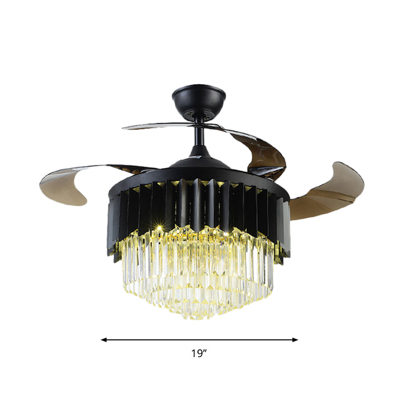 4 Blades Modernisme Led hanger ventilatorlamp Zwart gelaagde semi -flush mount licht met kristalprisma's schaduw, 19 "W