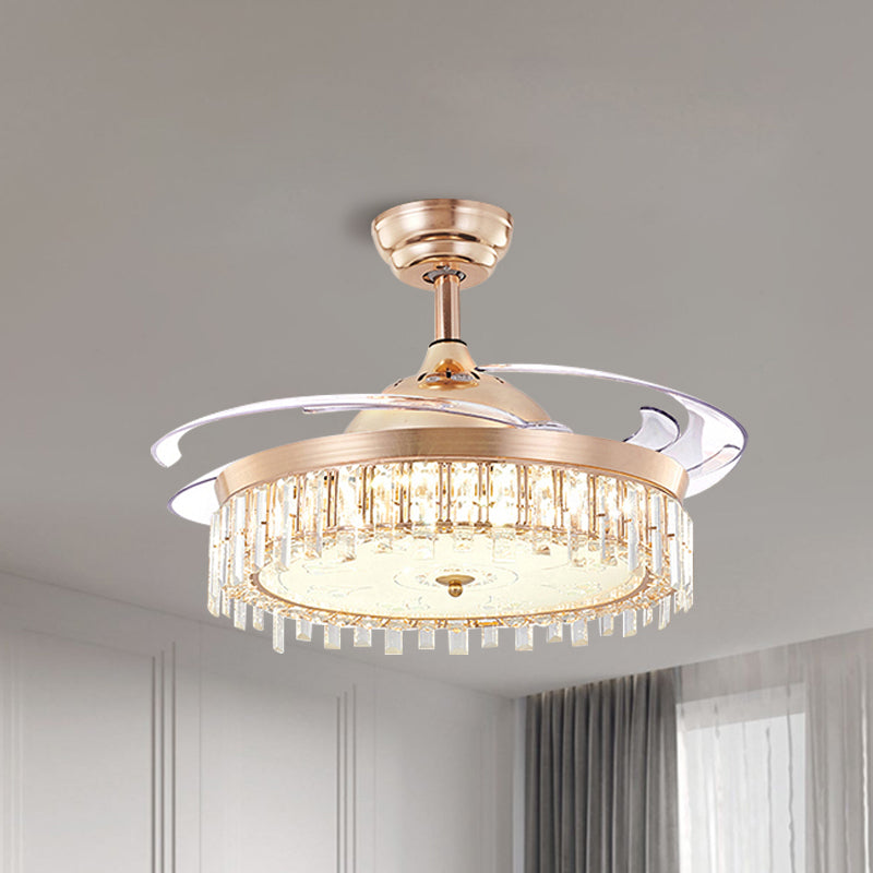 Circular Crystal Ceiling Fan Light Simple LED Gold Semi Flush Mount Lamp with 4-Blade, 19" Width