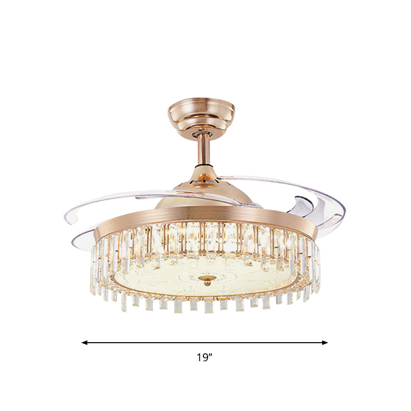 Circular Crystal Ceiling Fan Light Simple LED Gold Semi Flush Mount Lamp with 4-Blade, 19" Width