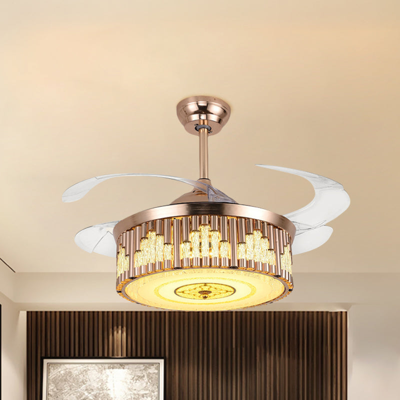 19" W Drum Parlor Pendant Fan Light Faceted Crystal LED Modernism Semi Flush Lighting in Gold, 4-Blade