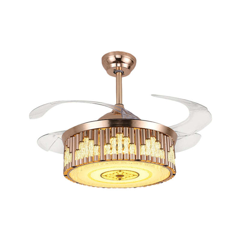 19" W Drum Parlor Pendant Fan Light Faceted Crystal LED Modernism Semi Flush Lighting in Gold, 4-Blade