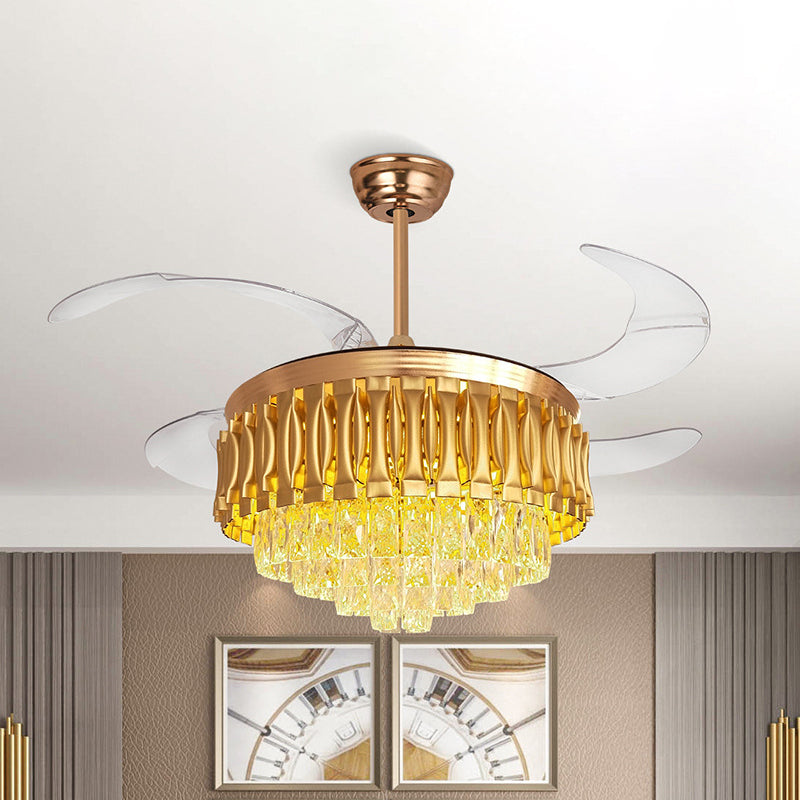 Simple Tiered Semi Flush Crystal Rectangle Drawing Room LED Hanging Fan Lamp in Gold with 4-Blade, 19" W