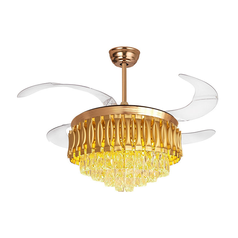 Simple Tiered Semi Flush Crystal Rectangle Drawing Room LED Hanging Fan Lamp in Gold with 4-Blade, 19" W