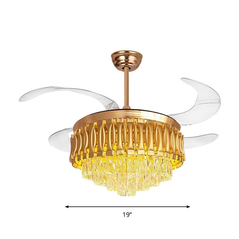 Simple Tiered Semi Flush Crystal Rectangle Drawing Room LED Hanging Fan Lamp in Gold with 4-Blade, 19" W