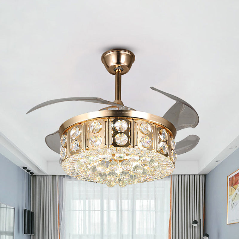 4 Blades LED Bedroom Semi Flush Light Modernism Gold Pendant Fan Lamp with Drum Crystal Block and Orbs Shade, 19" W