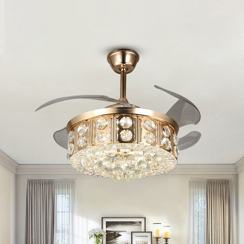 4 Blades LED Bedroom Semi Flush Light Modernism Gold Pendant Fan Lamp with Drum Crystal Block and Orbs Shade, 19" W