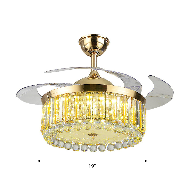 Crystal Rectangle Drum Semi Flush Minimalism 19" Width LED Ceiling Fan Lamp in Gold with 3-Blade