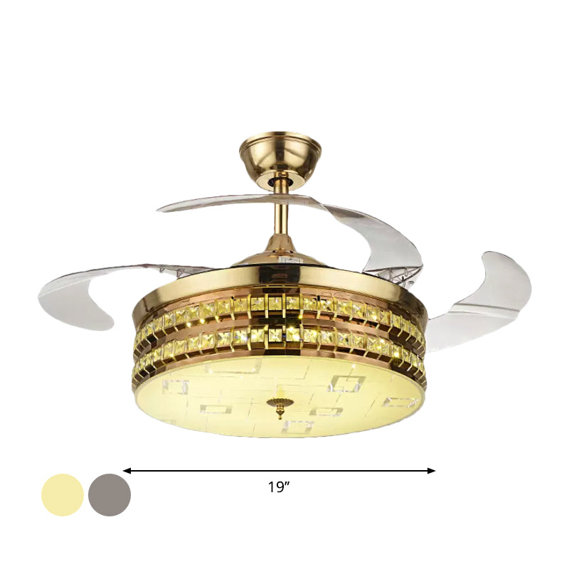 19" W Drum Metallic Hanging Fan Lamp Simplicity Silver/Gold LED Semi Mount Lighting with 3 Blades